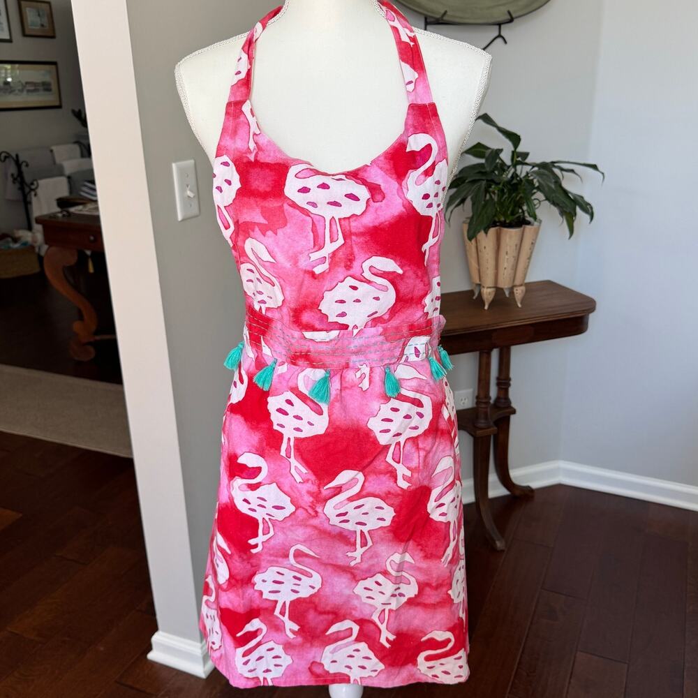 ANTHROPOLOGIE Apron Pink Flamingo Print 100% Cotton Tassels
